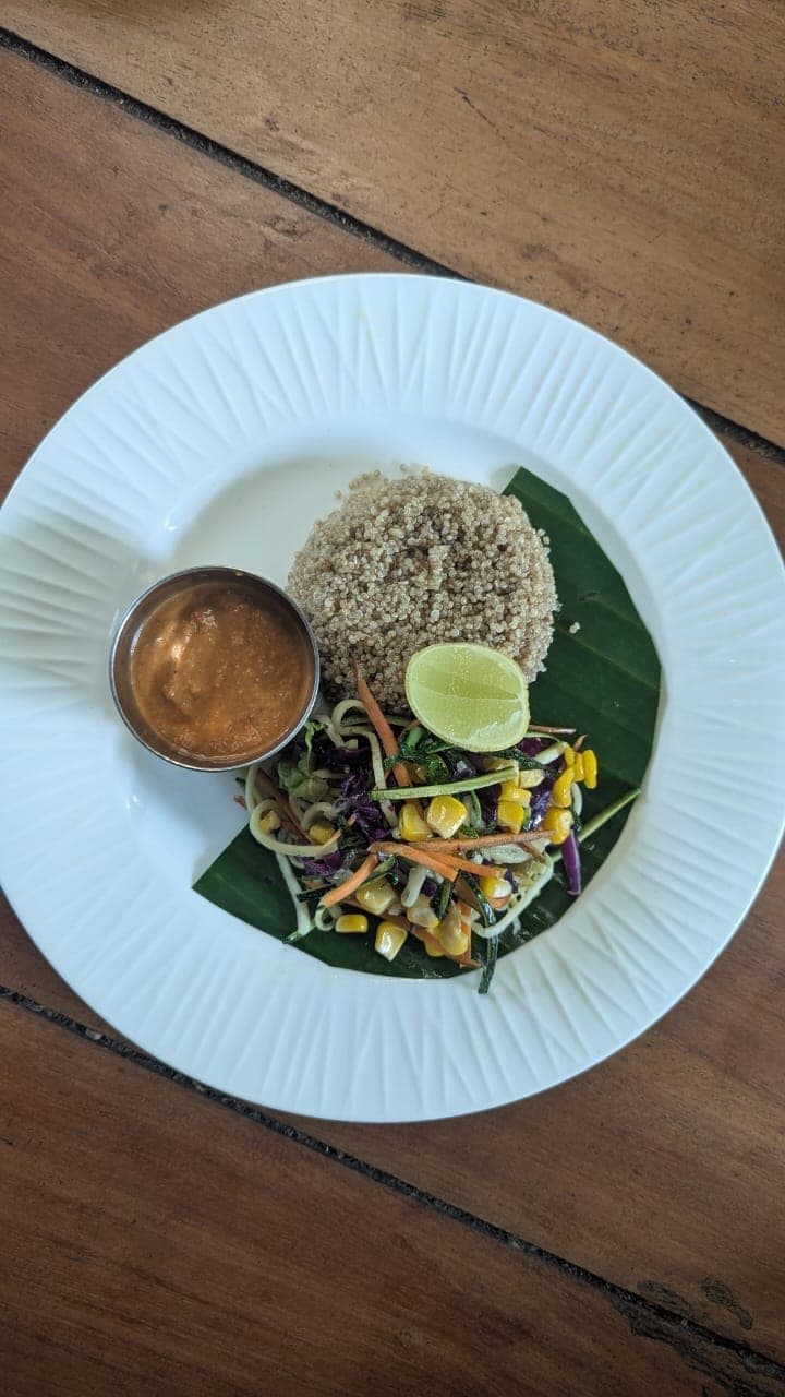A simply plated meal of rice and curry