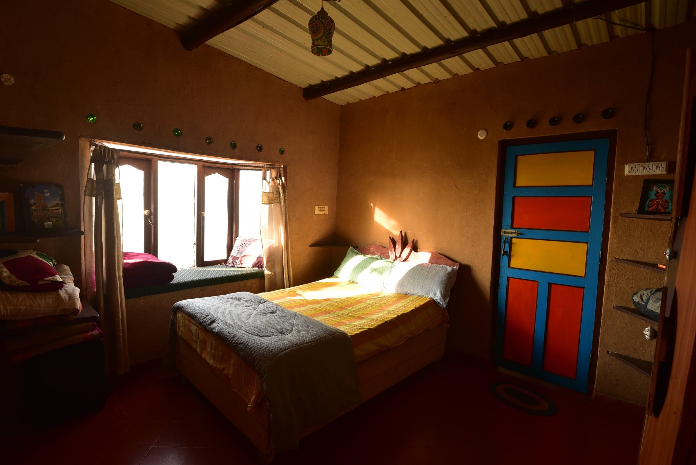 The warm wood-lined interior of Shanti Home